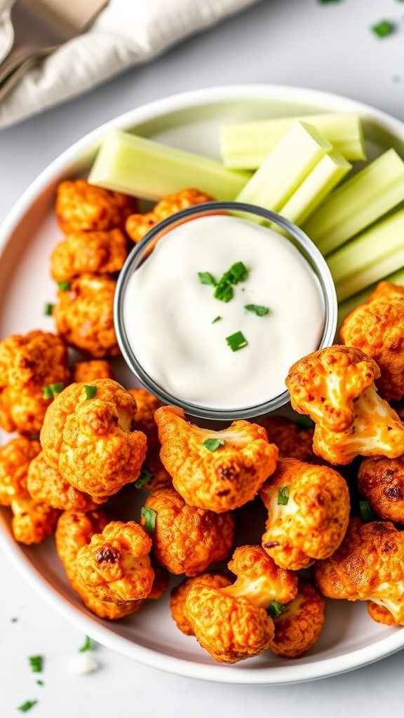 Plate of buffalo cauliflower bites with celery and ranch dip