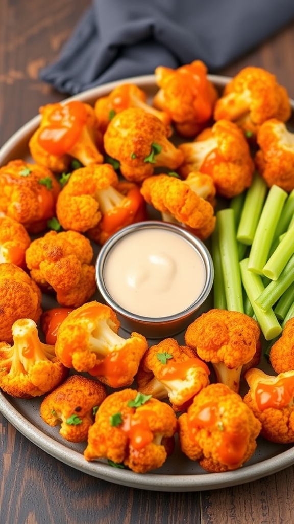A plate of buffalo cauliflower bites served with a dipping sauce.