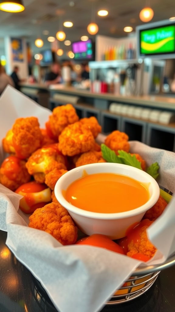 A basket of buffalo cauliflower bites with a spicy dipping sauce