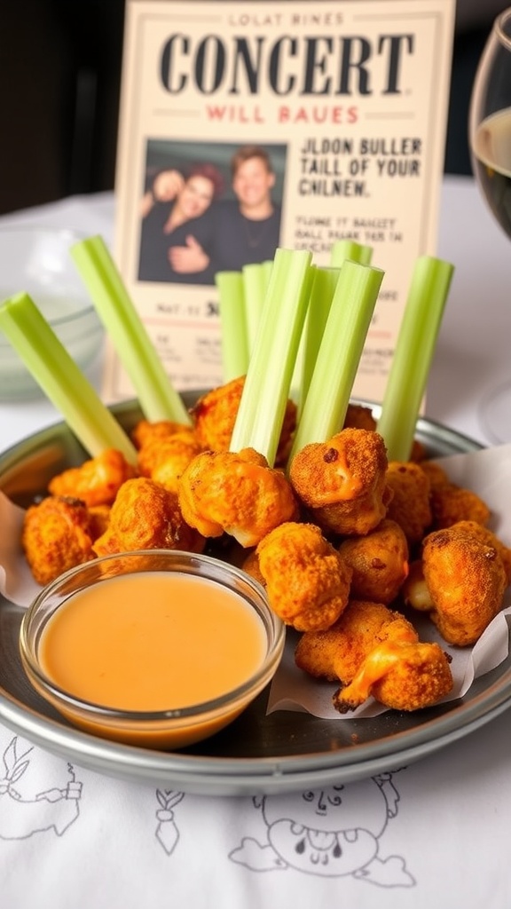 A plate of Buffalo Cauliflower Bites with celery and ranch dip