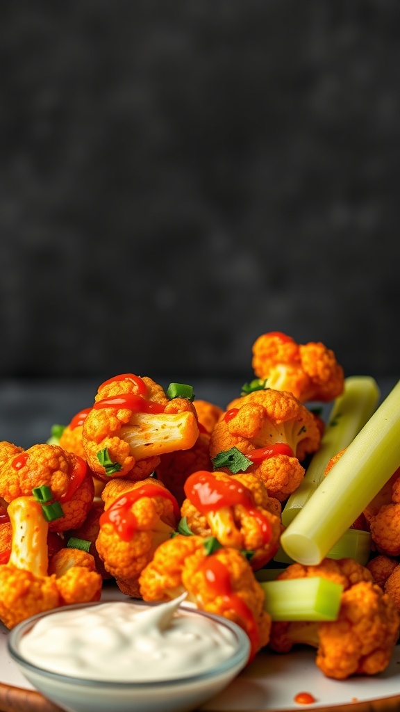 A plate of buffalo cauliflower bites with celery and ranch dressing