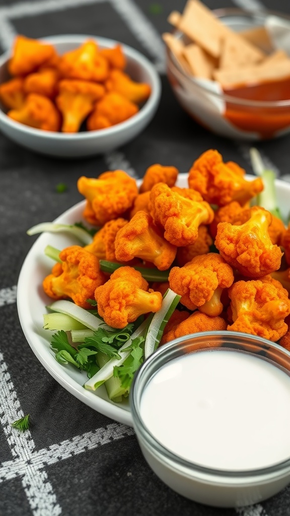 A plate of bright orange buffalo cauliflower bites served with dipping sauce and garnished with green vegetables.