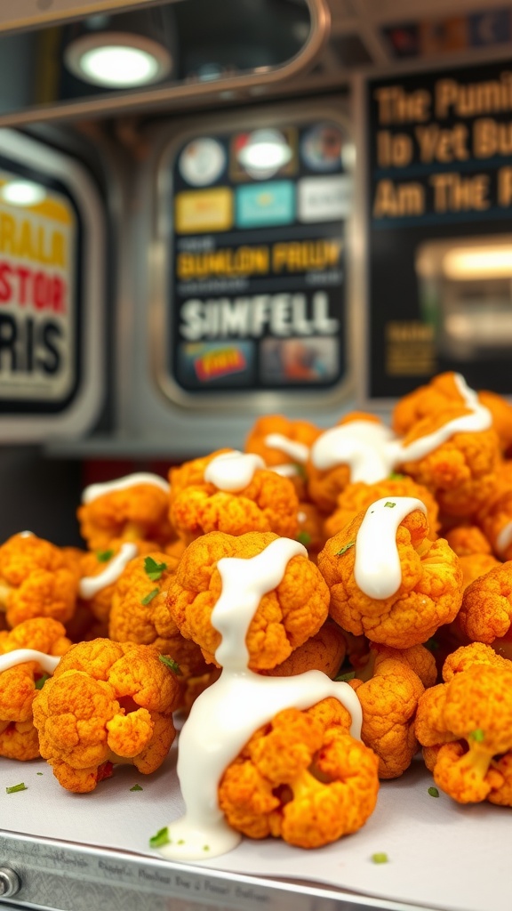 A close-up of buffalo cauliflower bites drizzled with sauce and garnished with herbs.