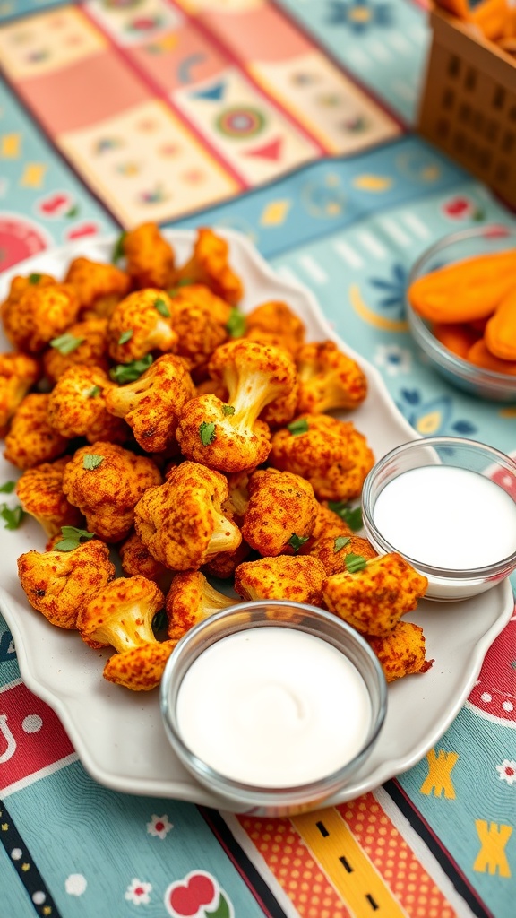 A plate of spicy buffalo cauliflower bites with ranch and blue cheese dressing