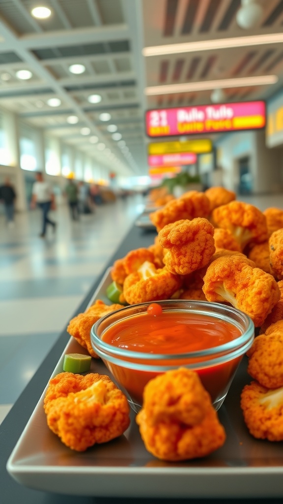 A plate of buffalo cauliflower bites with dipping sauce at an airport.