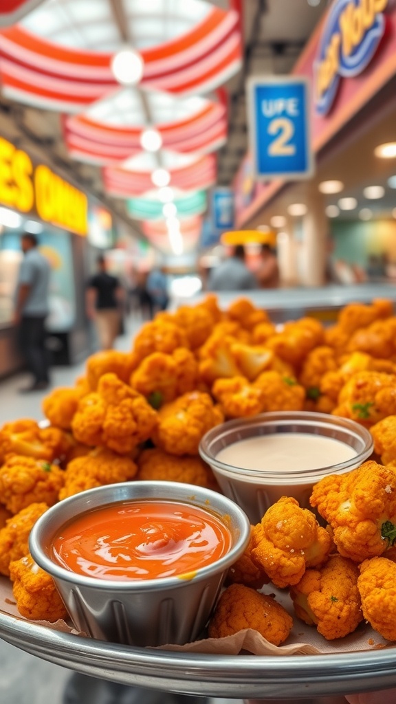 A platter of buffalo cauliflower bites served with dipping sauces in a food court.