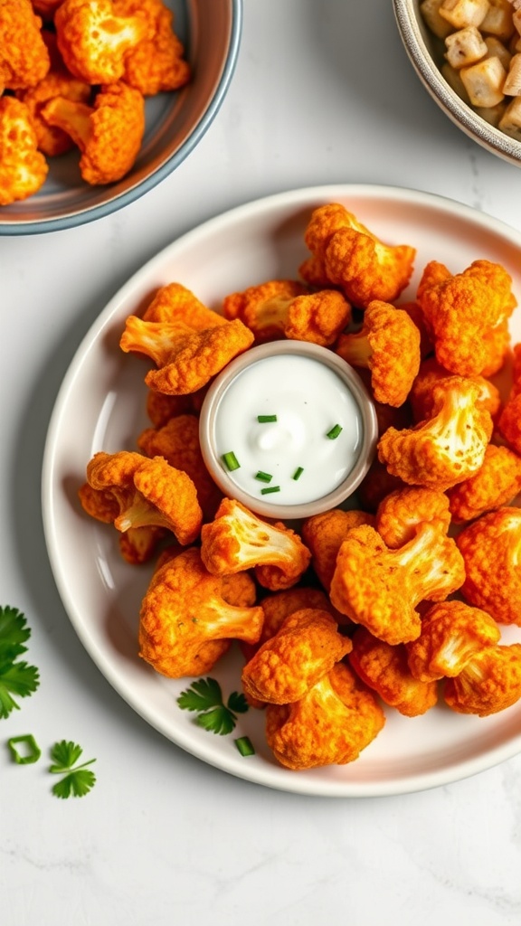 A plate of orange buffalo cauliflower bites with a small bowl of ranch dressing