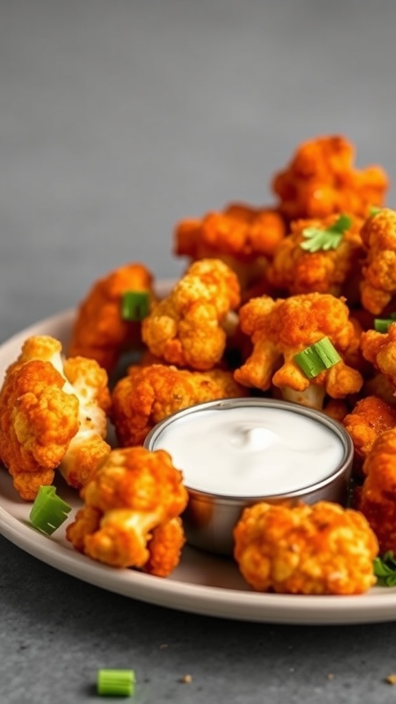 A plate of buffalo cauliflower bites with a side of ranch dressing