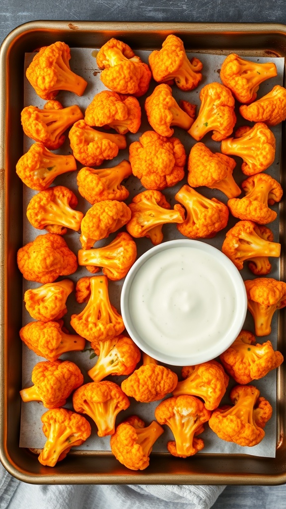 A tray of bright orange Buffalo cauliflower bites with a bowl of ranch dressing.