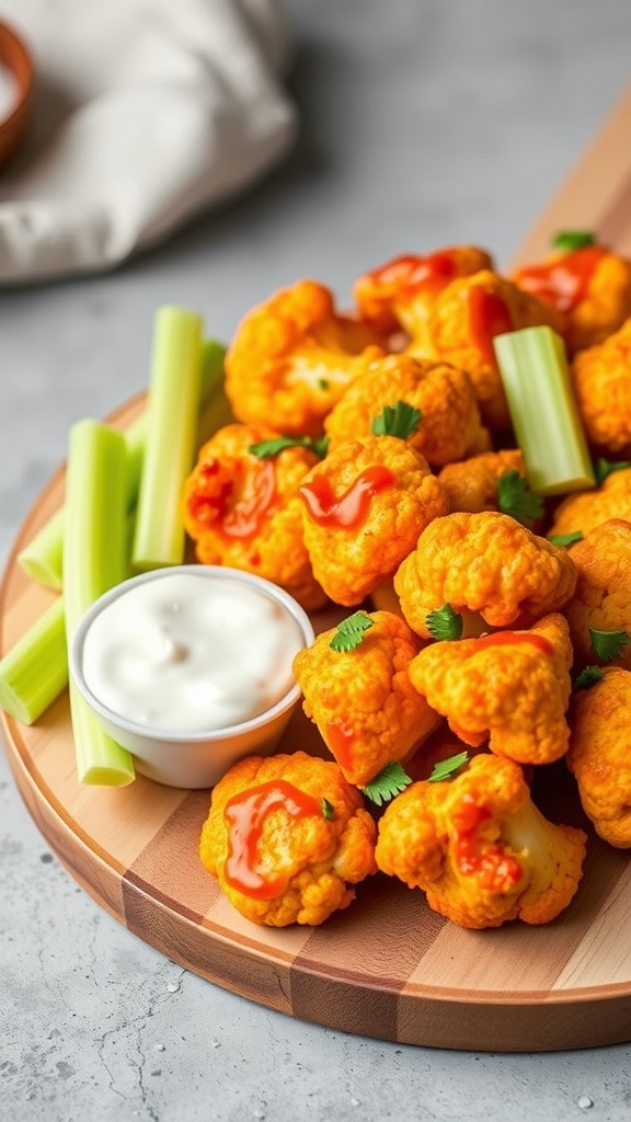 Plate of buffalo cauliflower bites with ranch dip and celery sticks on a wooden platter.