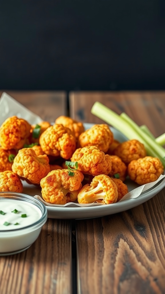 A plate of crispy buffalo cauliflower bites with ranch dip and celery sticks.