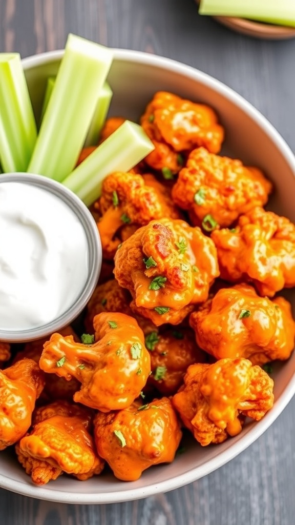 A bowl of buffalo cauliflower bites with a side of ranch dip and celery sticks.