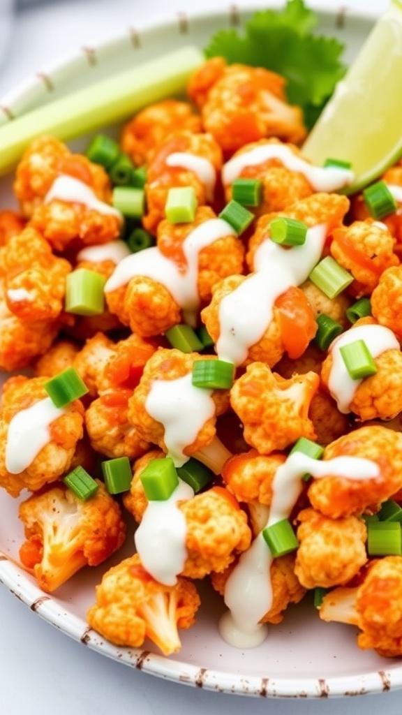 A bowl of Buffalo cauliflower topped with celery and creamy sauce.