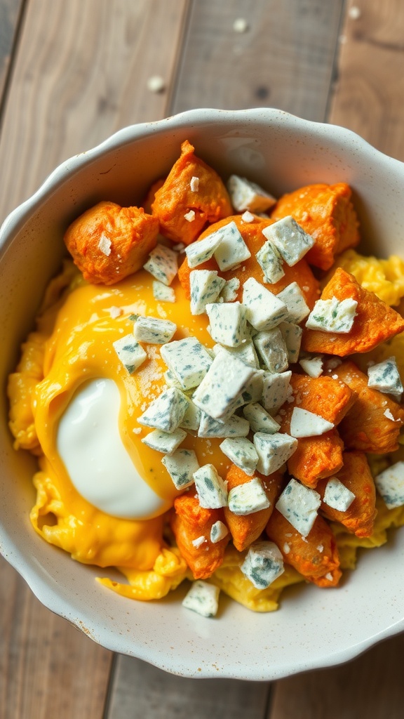 A bowl filled with buffalo chicken, eggs, and blue cheese on a wooden table.