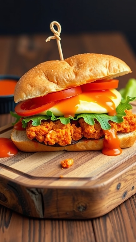 A delicious Buffalo Chicken Breakfast Sandwich with chicken, lettuce, tomato, and an egg on a wooden board.