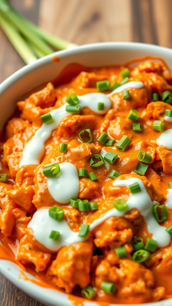 A bowl of Buffalo Chicken Casserole topped with green onions and drizzled with ranch dressing.