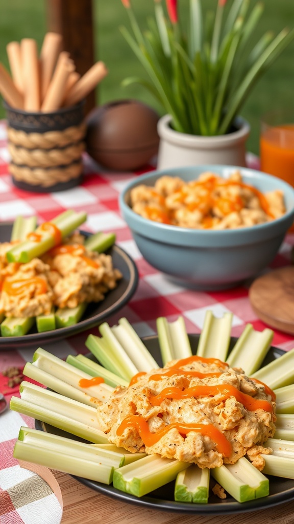 Celery sticks filled with buffalo chicken dip, garnished with hot sauce.