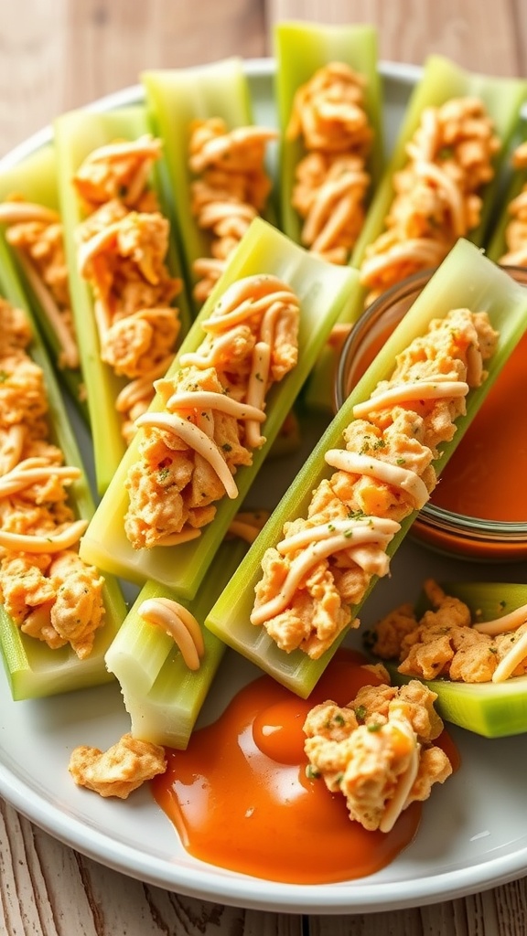 Buffalo chicken stuffed celery sticks on a plate with ranch dressing