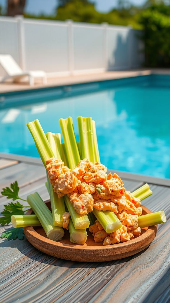 Buffalo chicken dip served on celery sticks, placed on a wooden plate by a swimming pool