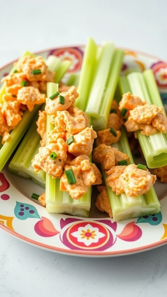 Buffalo chicken stuffed celery sticks with blue cheese crumbles on a wooden plate