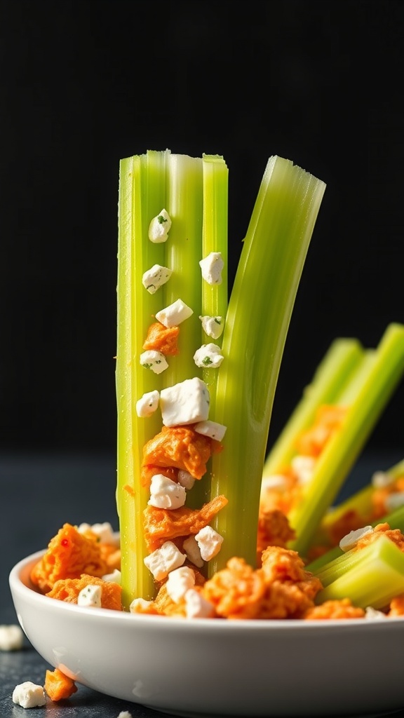 Celery sticks filled with buffalo chicken dip and topped with crumbles