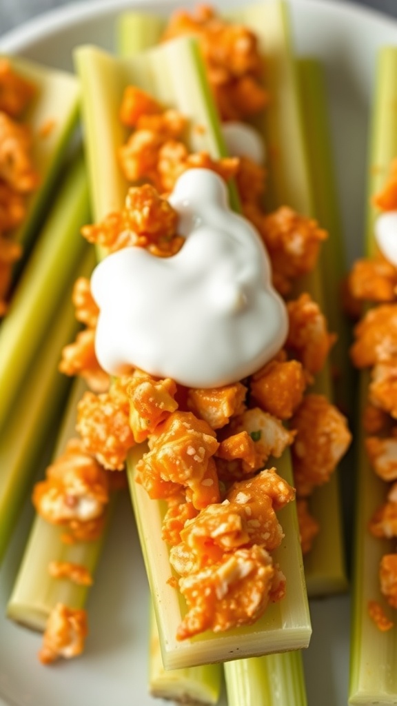 Buffalo chicken celery sticks topped with creamy dressing