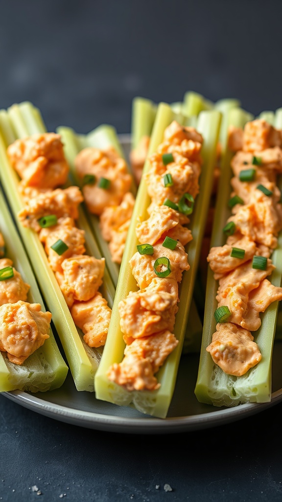 Plate of buffalo chicken stuffed celery sticks garnished with green onions