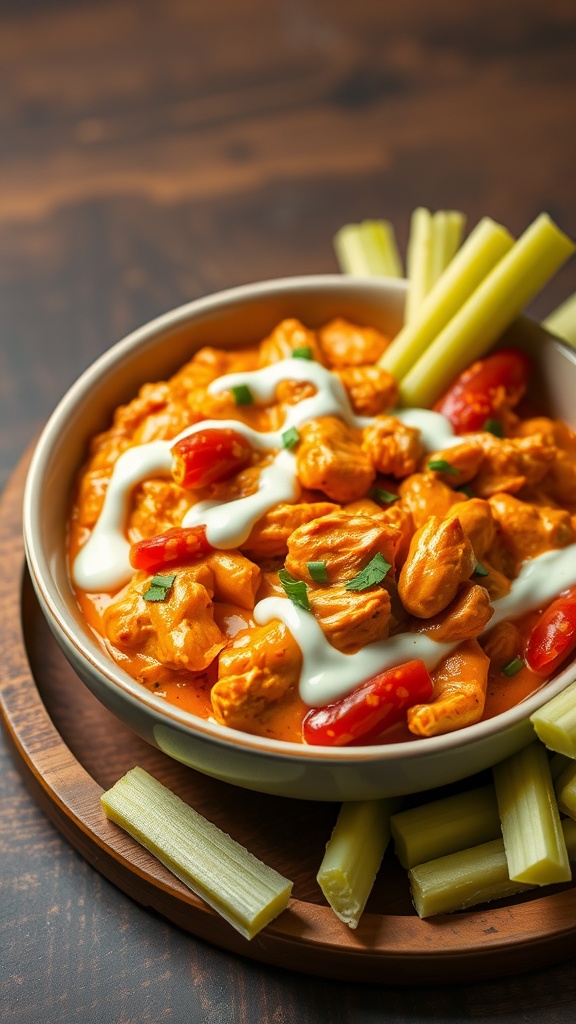 A bowl of Buffalo Chicken Dip with celery sticks and cherry tomatoes on a wooden platter.