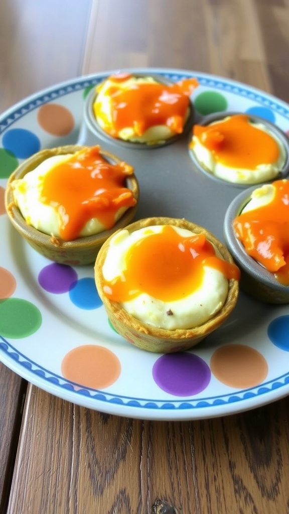 Buffalo Chicken Egg Cups in a muffin tray with a colorful plate