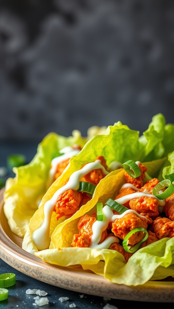 Buffalo chicken lettuce wraps on a plate with green onions and sauce.