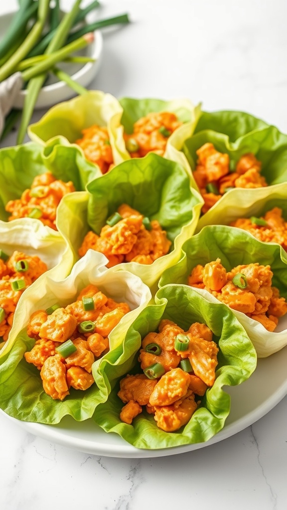 Buffalo chicken lettuce wraps on a plate, filled with spicy chicken and topped with green onions.