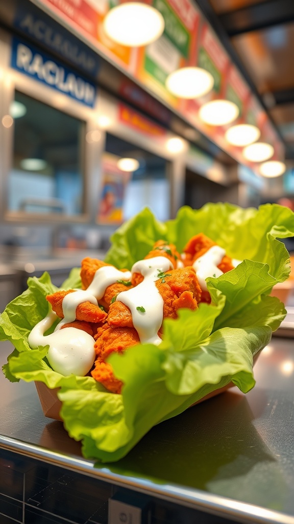 A serving of buffalo chicken lettuce wraps with ranch dressing on a tray