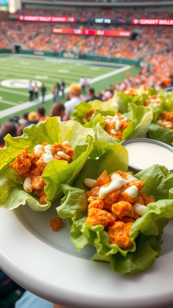 A plate of buffalo chicken lettuce wraps at a sports stadium