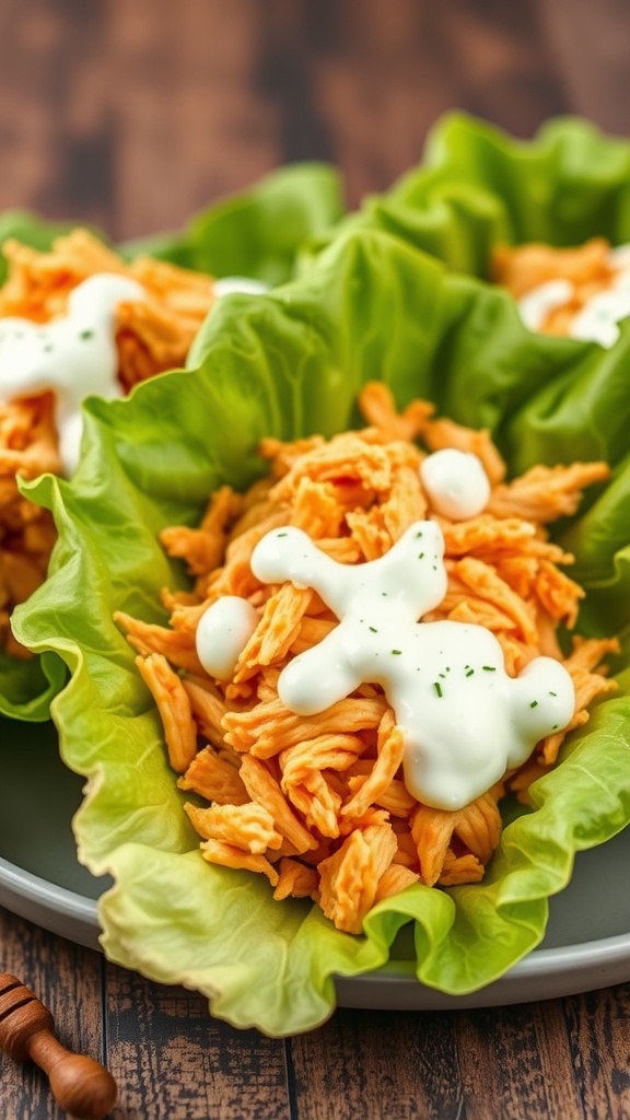 Buffalo chicken lettuce wraps with ranch dressing on a plate.