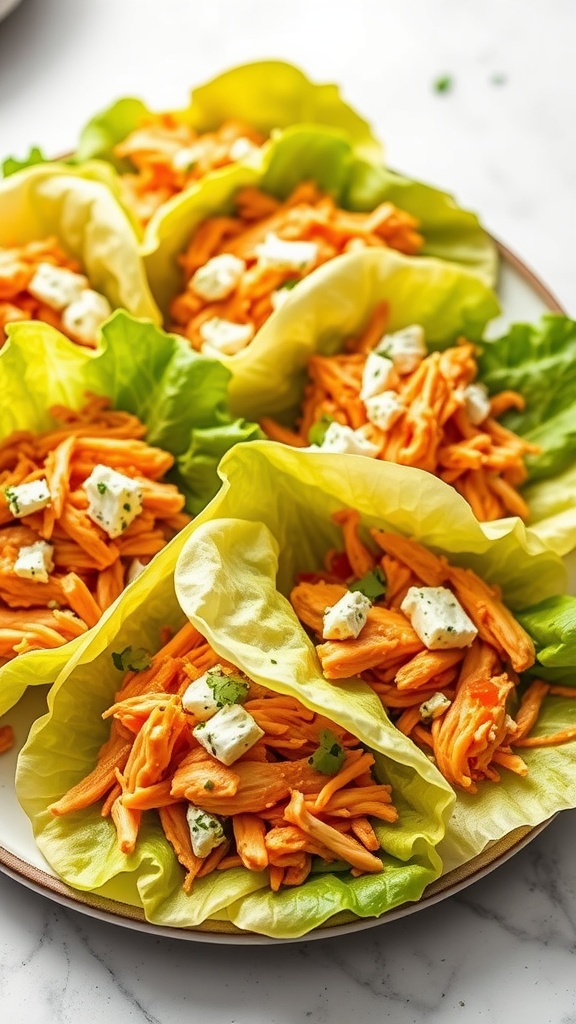 A plate of buffalo chicken lettuce wraps filled with shredded chicken and topped with blue cheese.