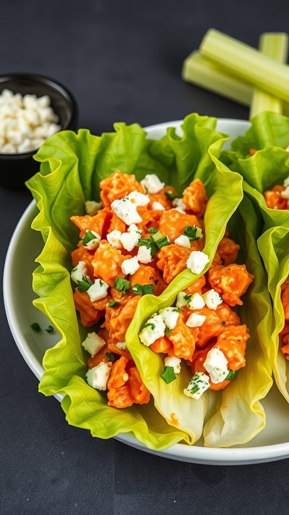 A plate of buffalo chicken lettuce wraps with feta cheese and chopped herbs.