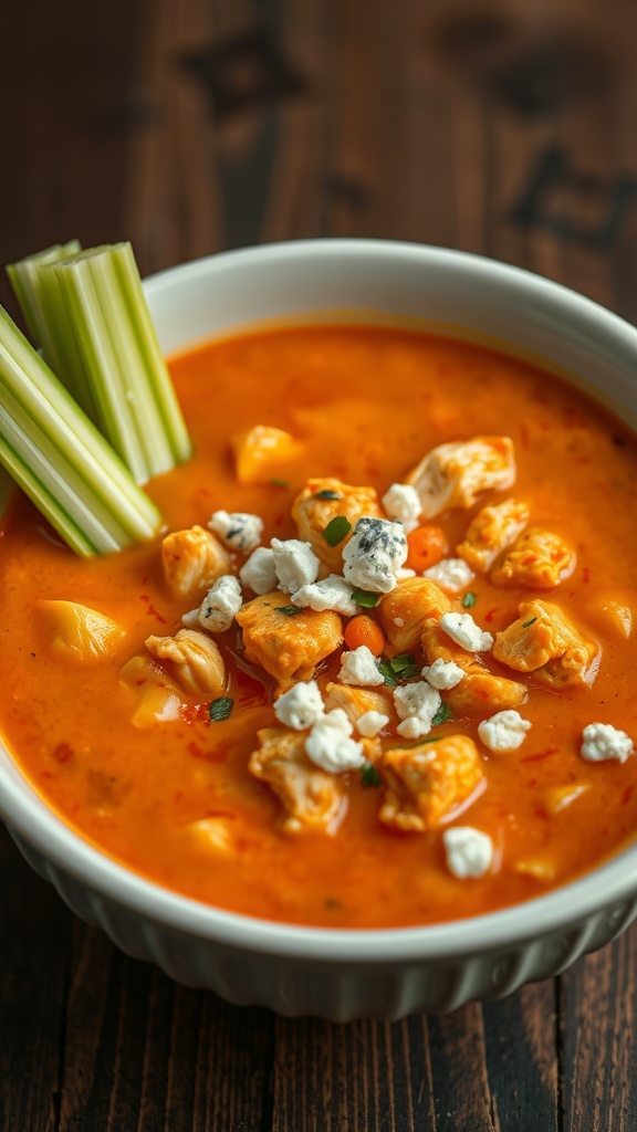 A bowl of Buffalo Chicken Soup topped with celery and cheese