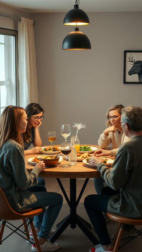 A group of four people enjoying a meal together at a table, showcasing a supportive and friendly atmosphere.