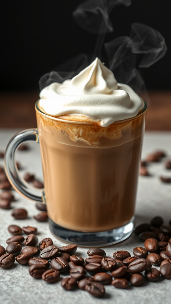 A cup of Bulletproof coffee topped with whipped cream, surrounded by coffee beans.