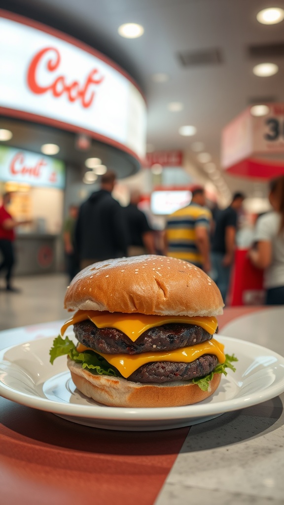 A bunless burger with two cheese slices and lettuce on a plate in a food court.