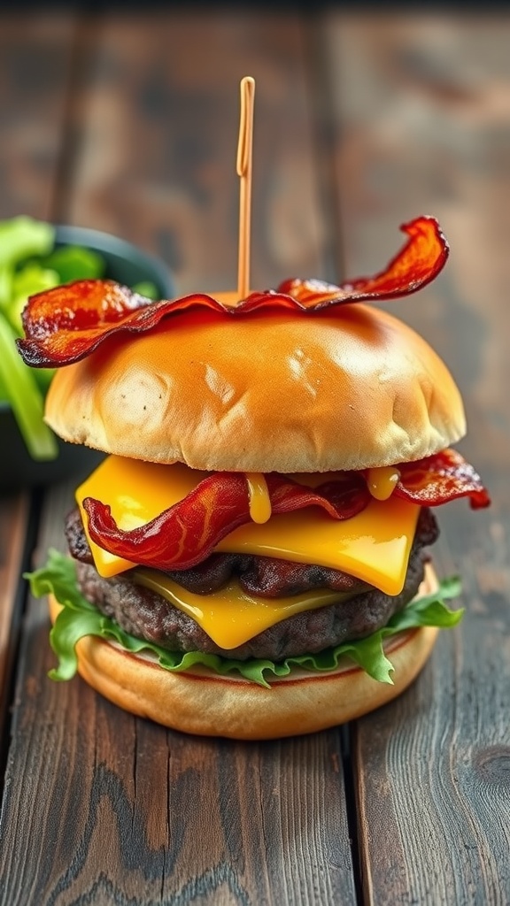 A bunless burger topped with cheese and bacon, served with greens.