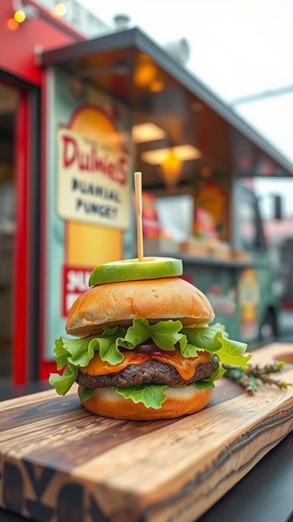 A bunless burger topped with avocado, lettuce, and cheese on a wooden board.