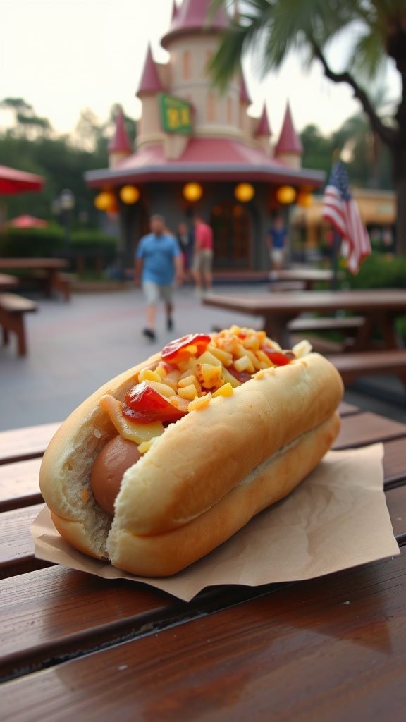 A bunless hot dog topped with ketchup and cheese on a table in Disney World.