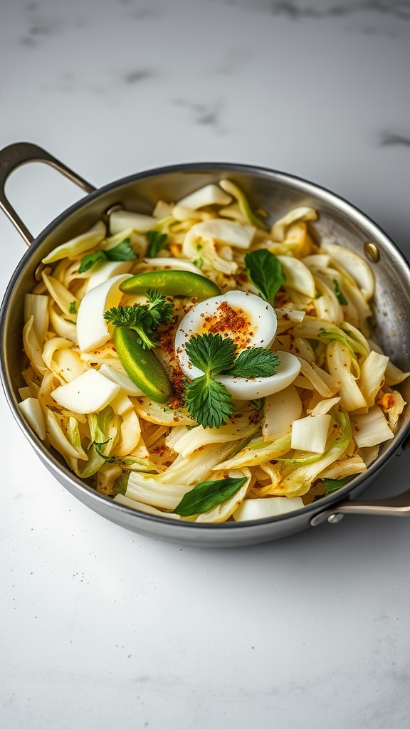 A delicious cabbage and coconut stir-fry garnished with egg and herbs.