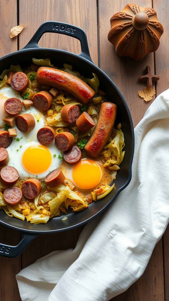 A delicious cabbage and sausage breakfast skillet with eggs