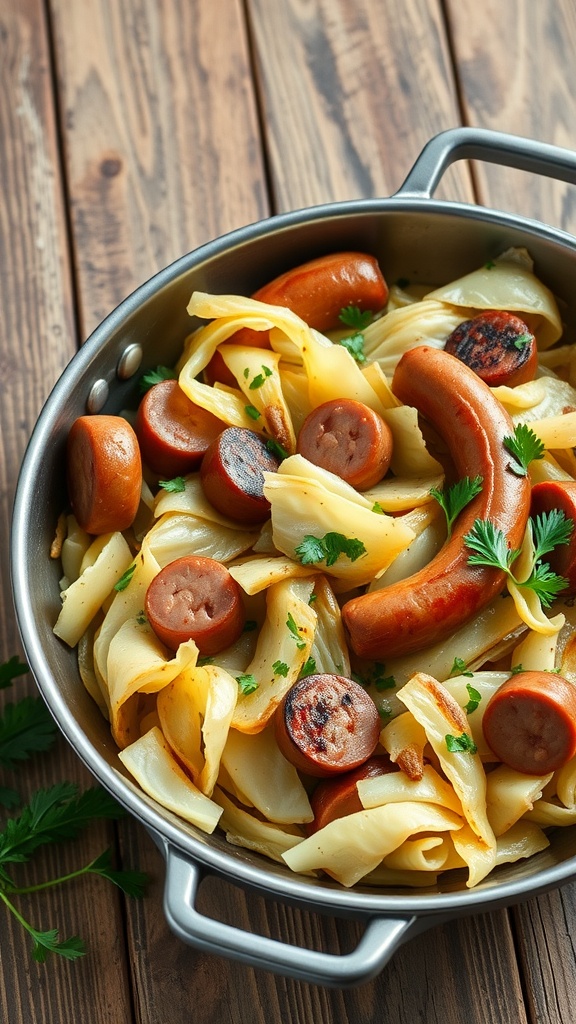 A skillet filled with sliced sausage and cabbage, garnished with fresh herbs.