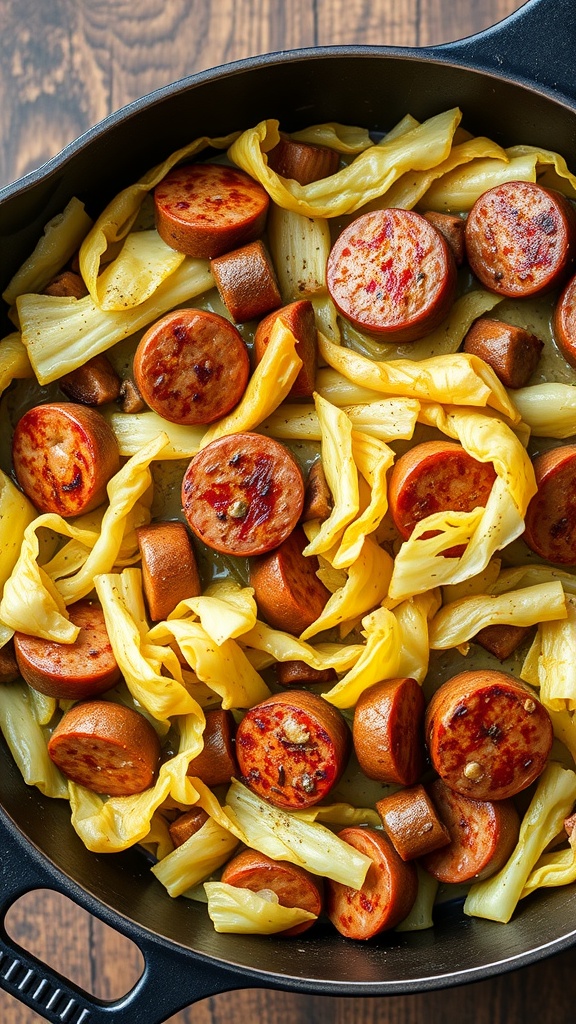 Cabbage and sausage skillet in a black pan on a wooden surface.