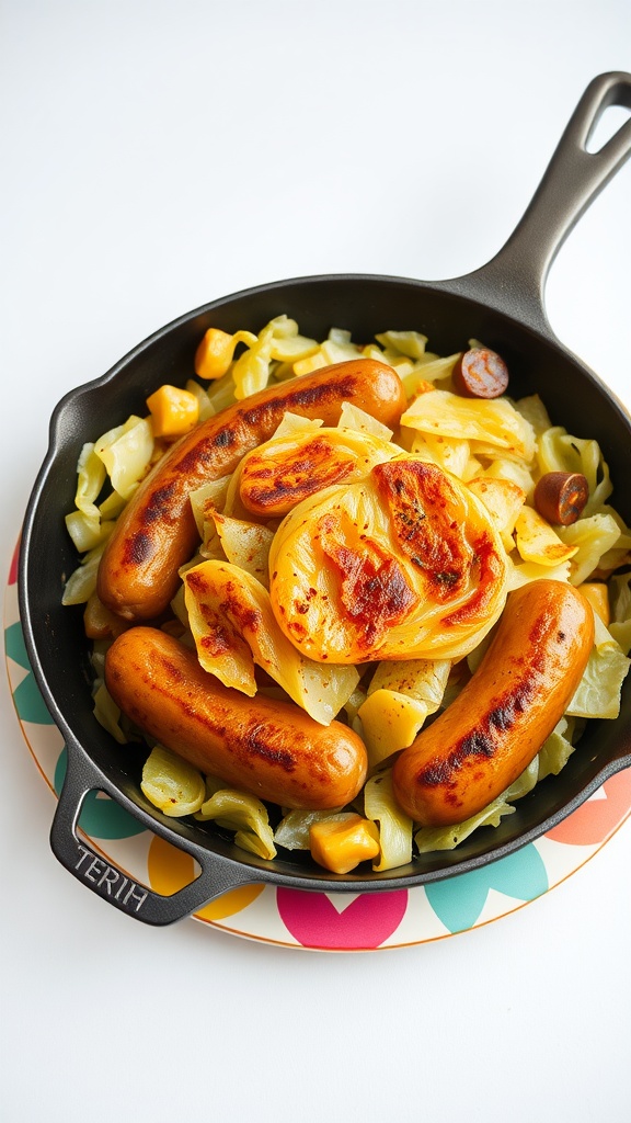 A skillet filled with cooked sausage and cabbage.