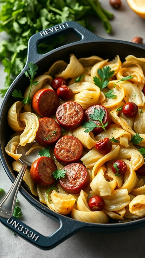 A delicious skillet of cabbage and sausage with cherry tomatoes and fresh parsley.