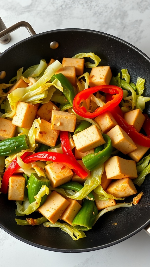 A stir-fry of cabbage, tofu, and bell peppers in a pan.